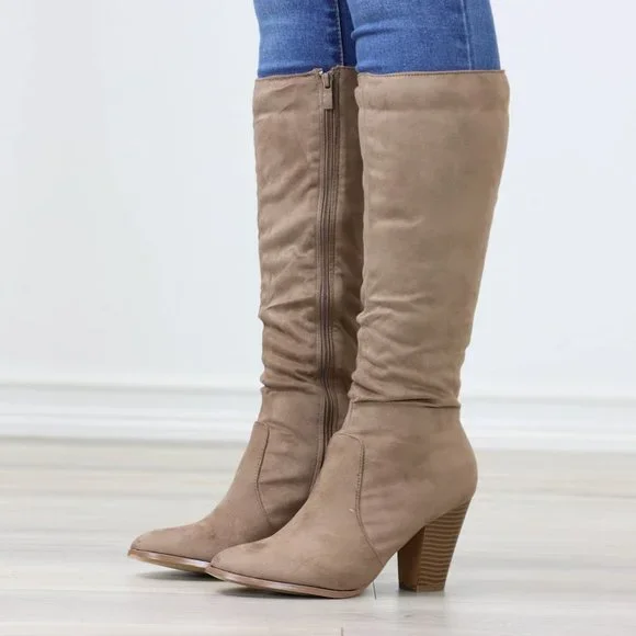 Tan Block Heeled Boots Below The Knee Faux Suede Pointed Toe Womens - Picture 13 of 14